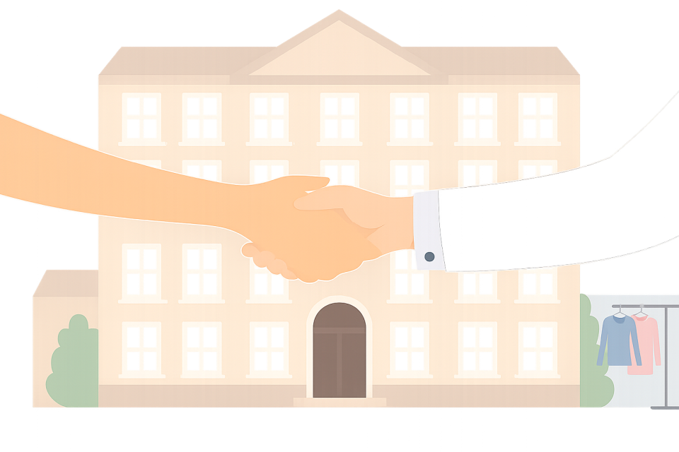 Professional handshake illustration representing partnership and mutual growth in fashion retail